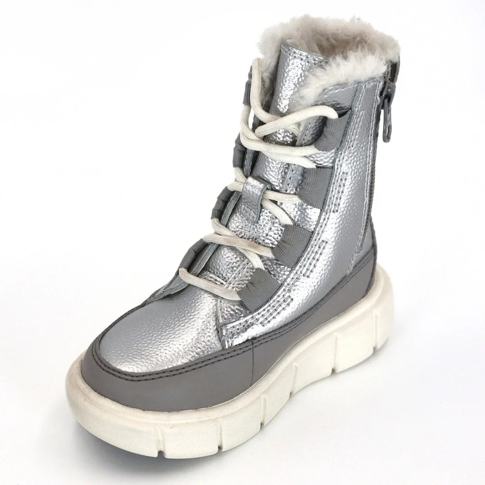 Sorel Explorer II Joan Kids 8 Silver Metallic Waterproof Faux Fur Winter Boots